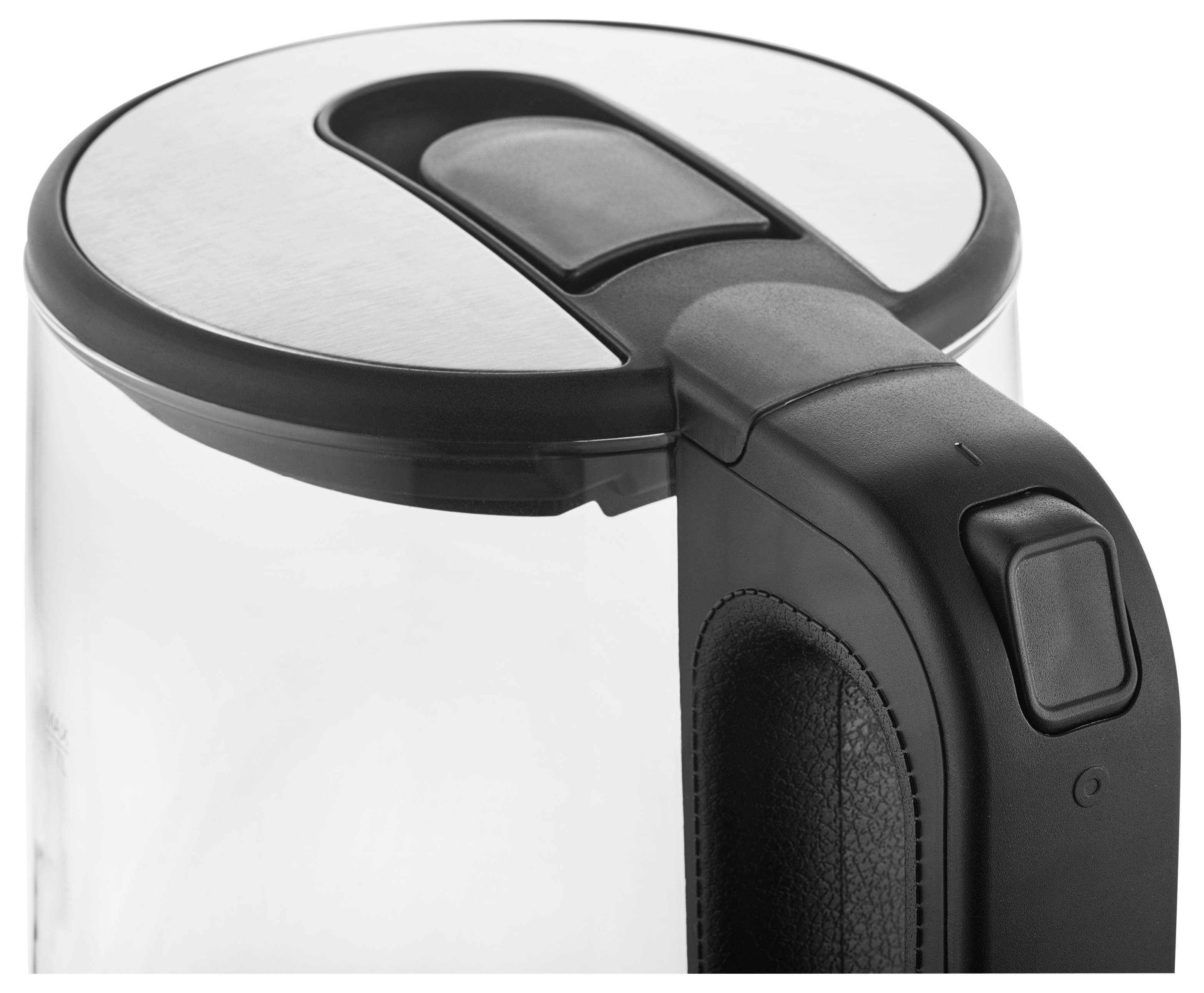 A modern electric kettle made of glass and metal with a black handle and transparent body. The lid with a large switch is clearly visible.