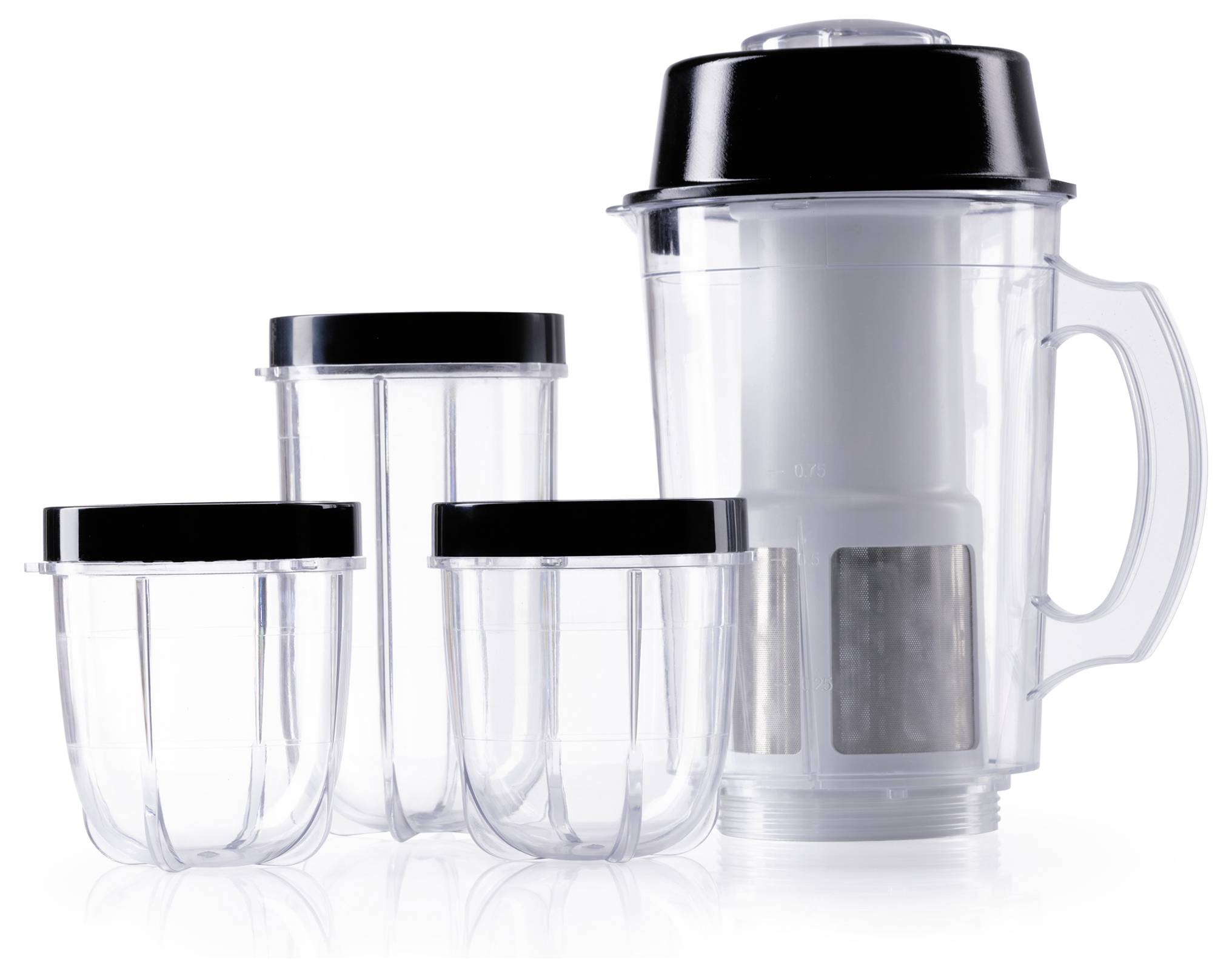 A mixer set with a large container with a handle and three smaller containers, all with black lids, made of transparent material.
