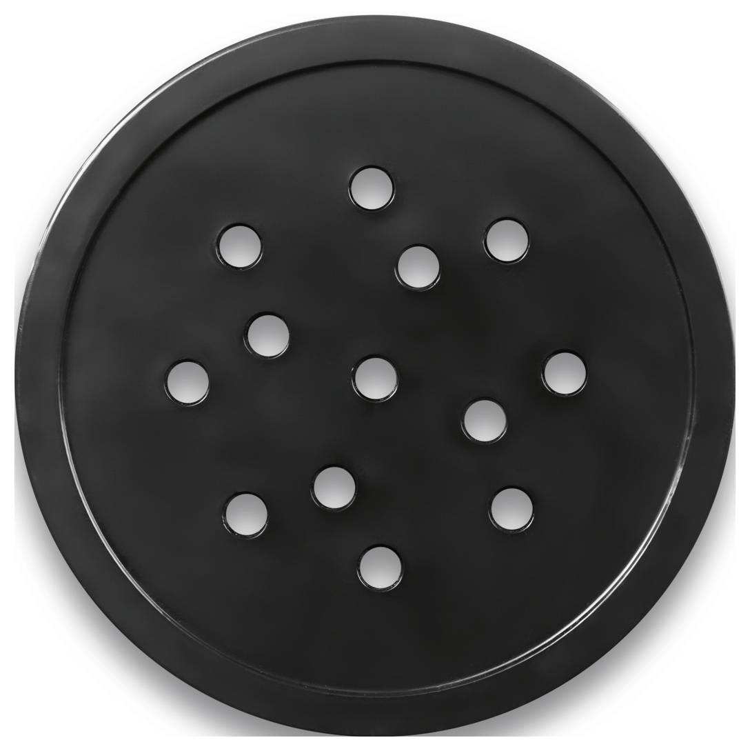 Black, round plastic lid with ten symmetrically arranged holes. Serves as a ventilation cover for various containers.