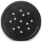Black, round plastic lid with ten symmetrically arranged holes. Serves as a ventilation cover for various containers.