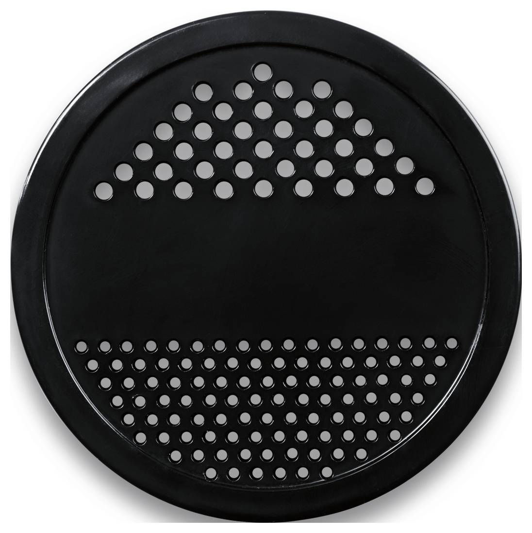 Black round metal plate with two different hole patterns: a triangle of large holes at the top, and a row of smaller holes at the bottom.