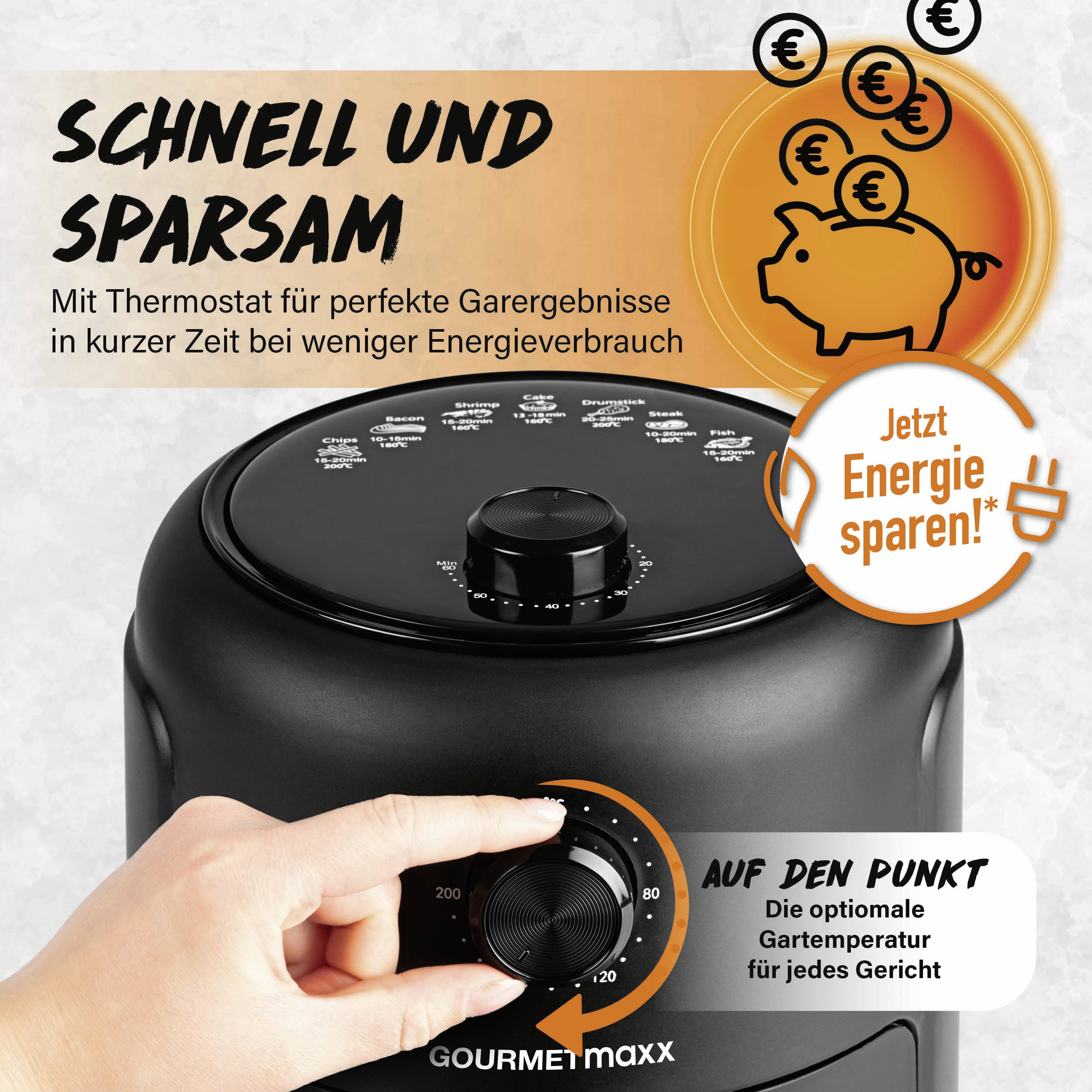 Hot Air Fryer with Rotary Dial, 60-Minute Timer and Temperatures from 20-200°C, Cool-Touch Handle, 1000 Watt Power.