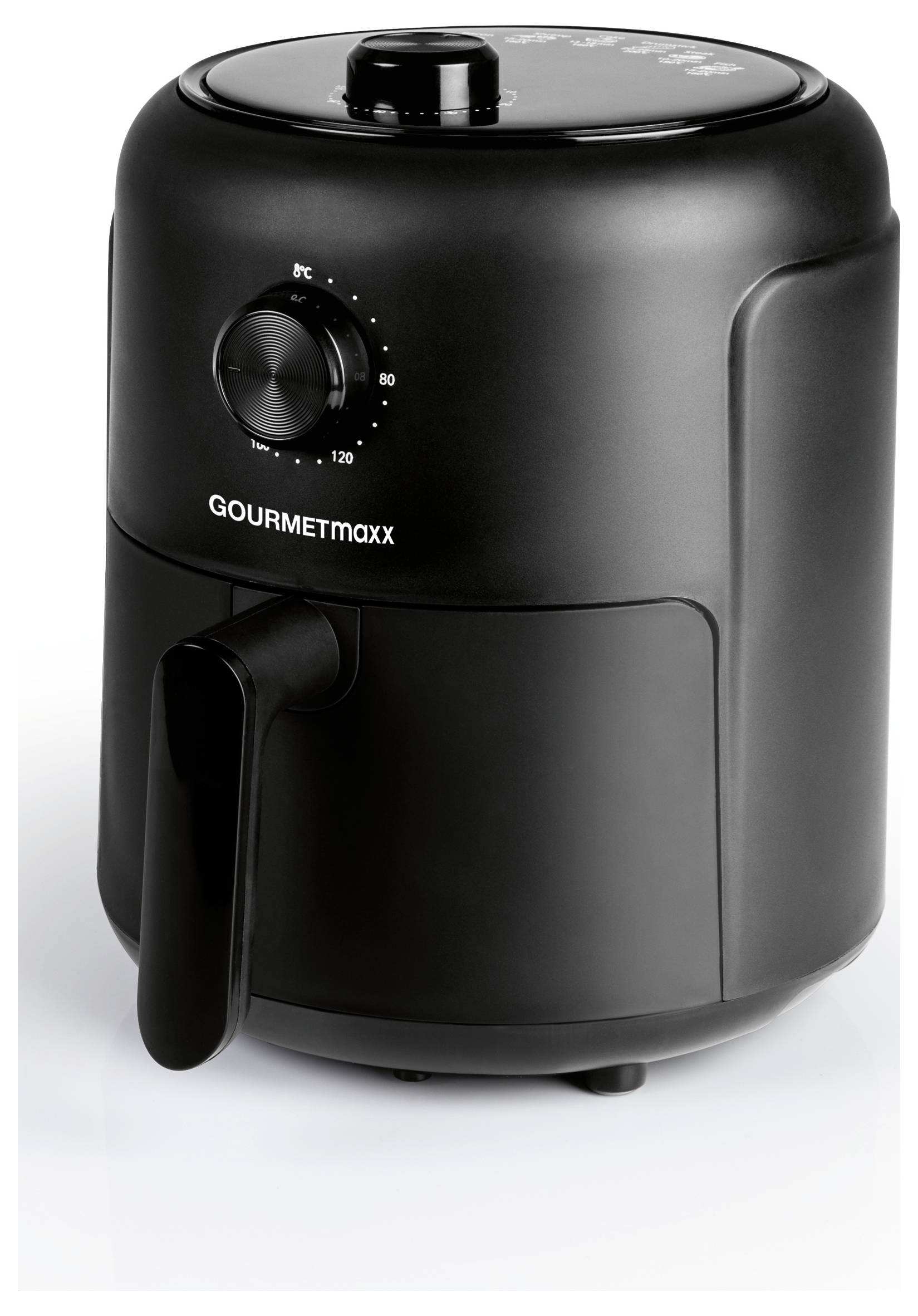 Black hot air fryer with temperature control and handle, brand 'Gourmetmaxx'.
