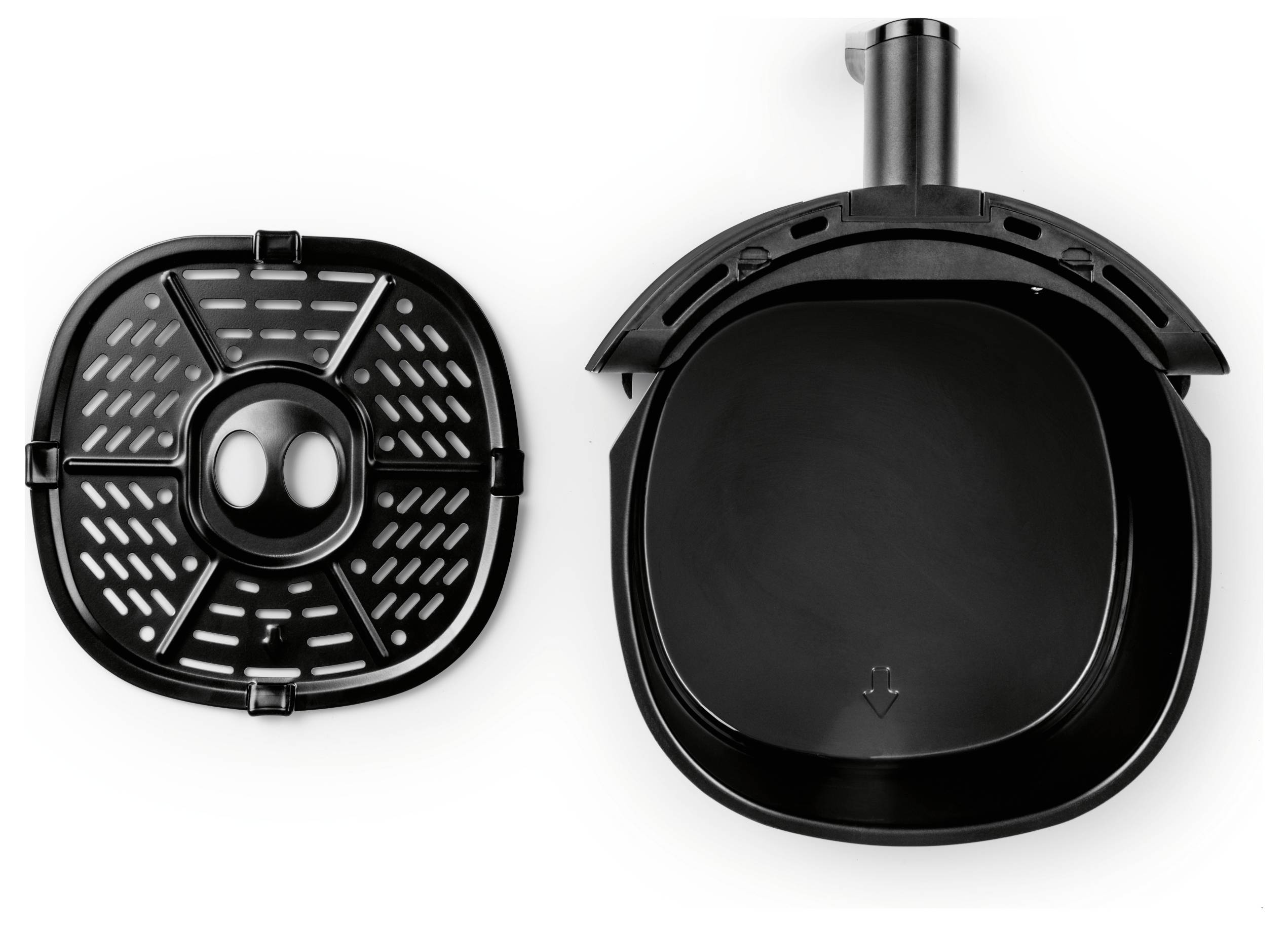 Two parts of a black kitchen appliance with a rectangular shape and ventilation slots. On the left, a perforated insert, on the right, the container.