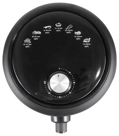 A black rotary knob with a scale from 0 to 60 minutes. Displays temperature and time settings for chips, chicken, pork, steak, fish.