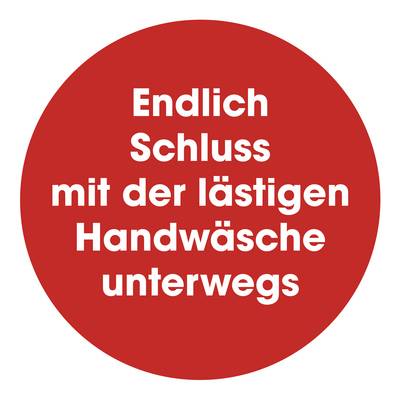 Red circle with white text: 'Finally, an end to tedious hand washing while travelling'.