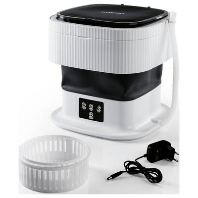A portable mini washing machine with a detachable drainage hose, control dials and power cable, designed for efficiency and ease of use.