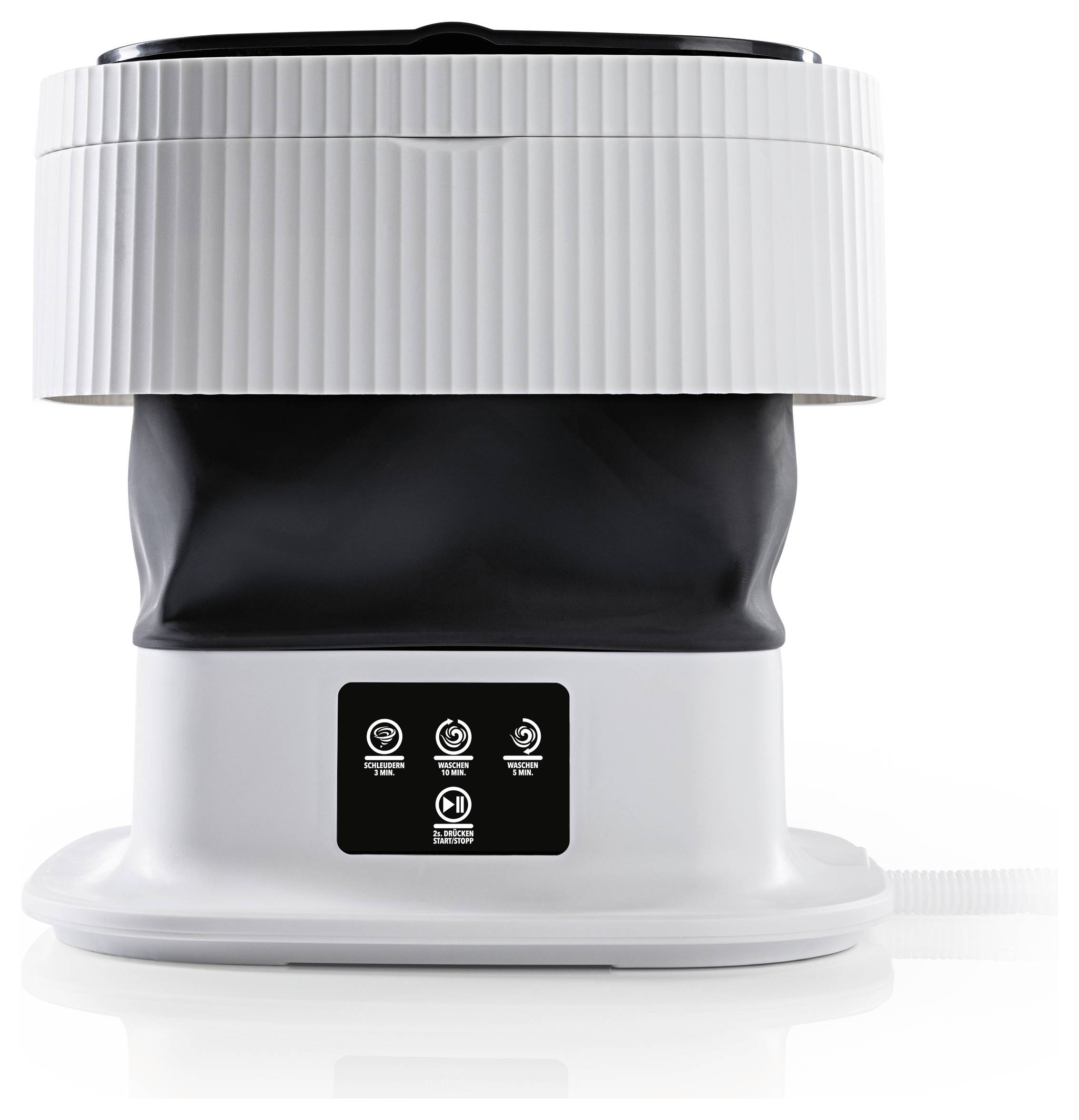 Automated shoe polisher with a round, ribbed casing and control panel on the front. Suitable for cleaning shoes.