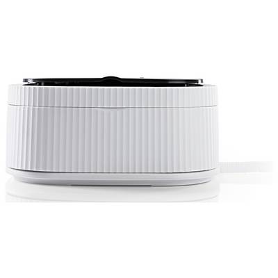 White, cylindrical device with a ribbed surface resting on a smooth, glossy surface.