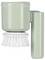 Green electric cleaning brush with white bristles and ergonomic handle in side view.
