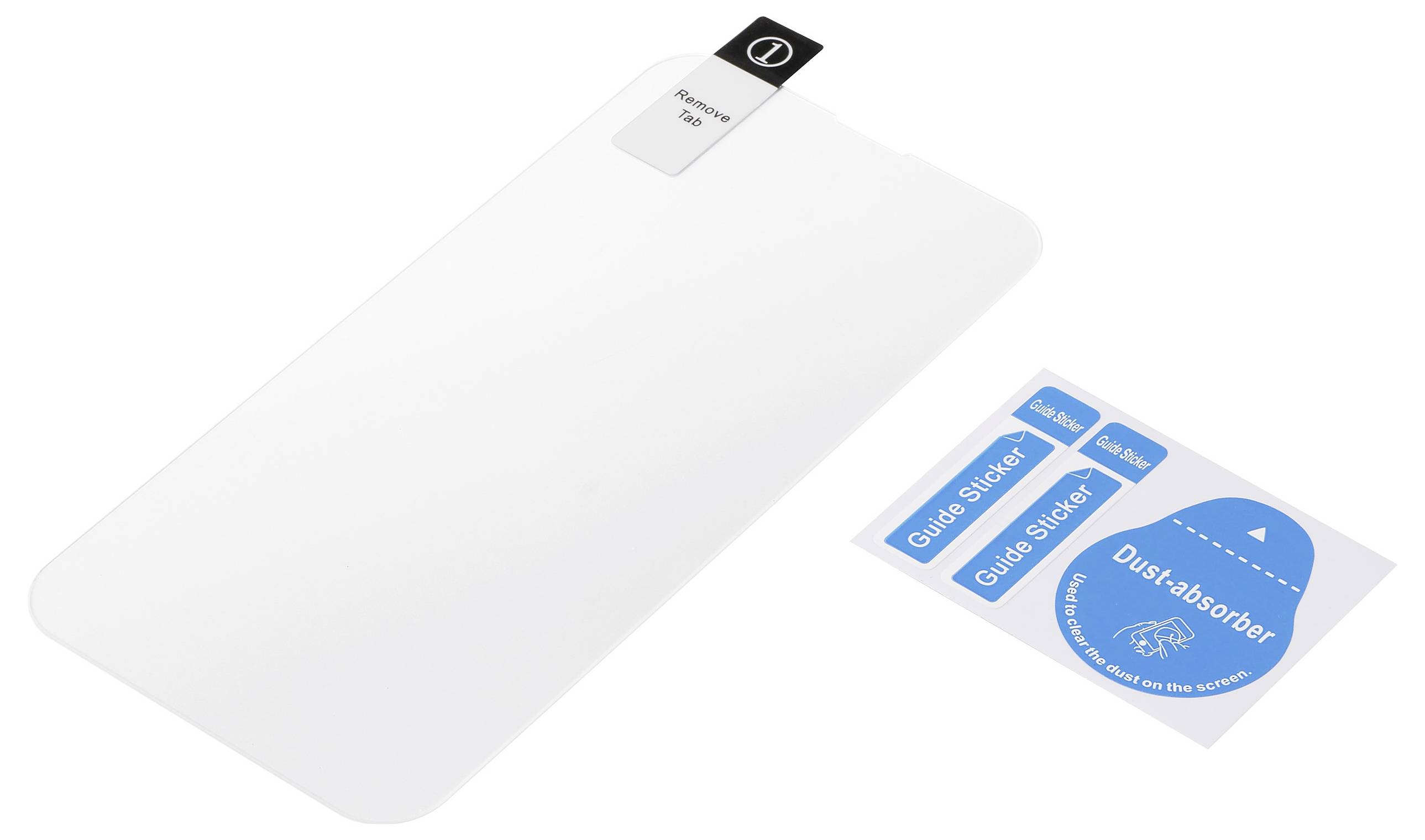 Transparent screen protector with a tab labeled 'Remove Me' and blue guide and dust-absorber stickers beside it, used for application.