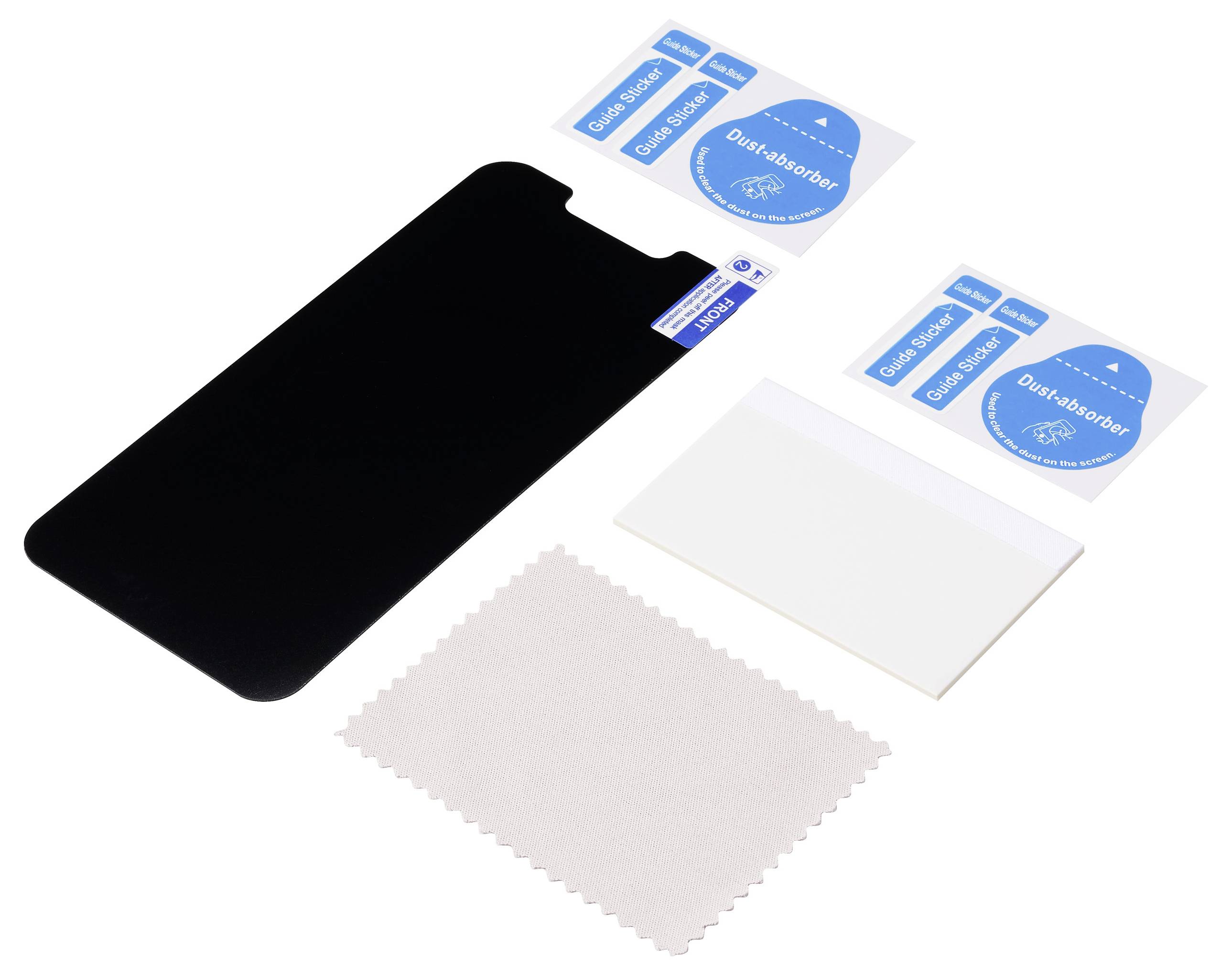 Screen protector set with black film, two cleaning wipes labeled '1' and '2', dust removal sticker, and a microfiber cloth.