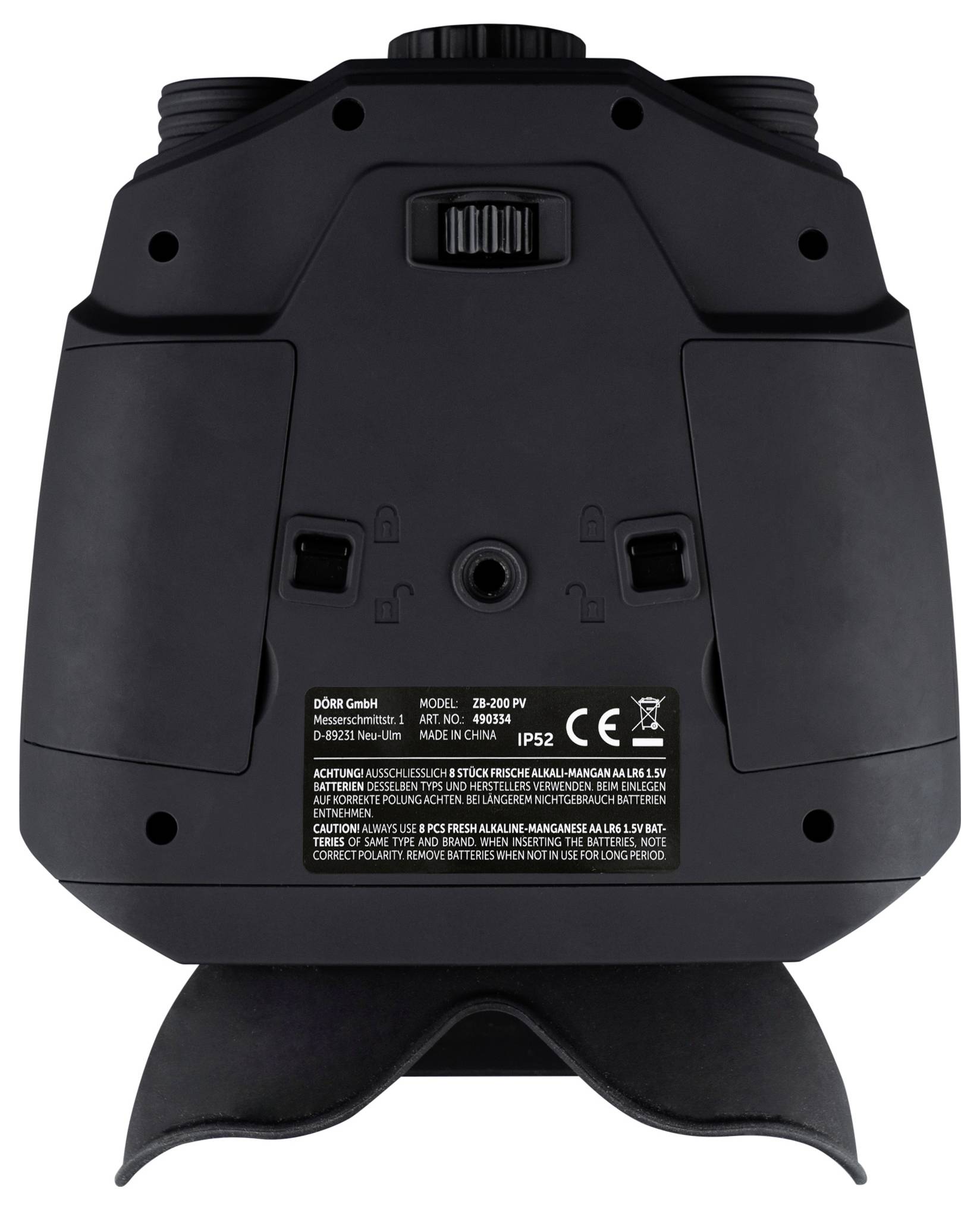 Black grey binoculars with multiple buttons and warning notices on the underside. Model: 28 300 NV. IP52, CE and FCC certified.