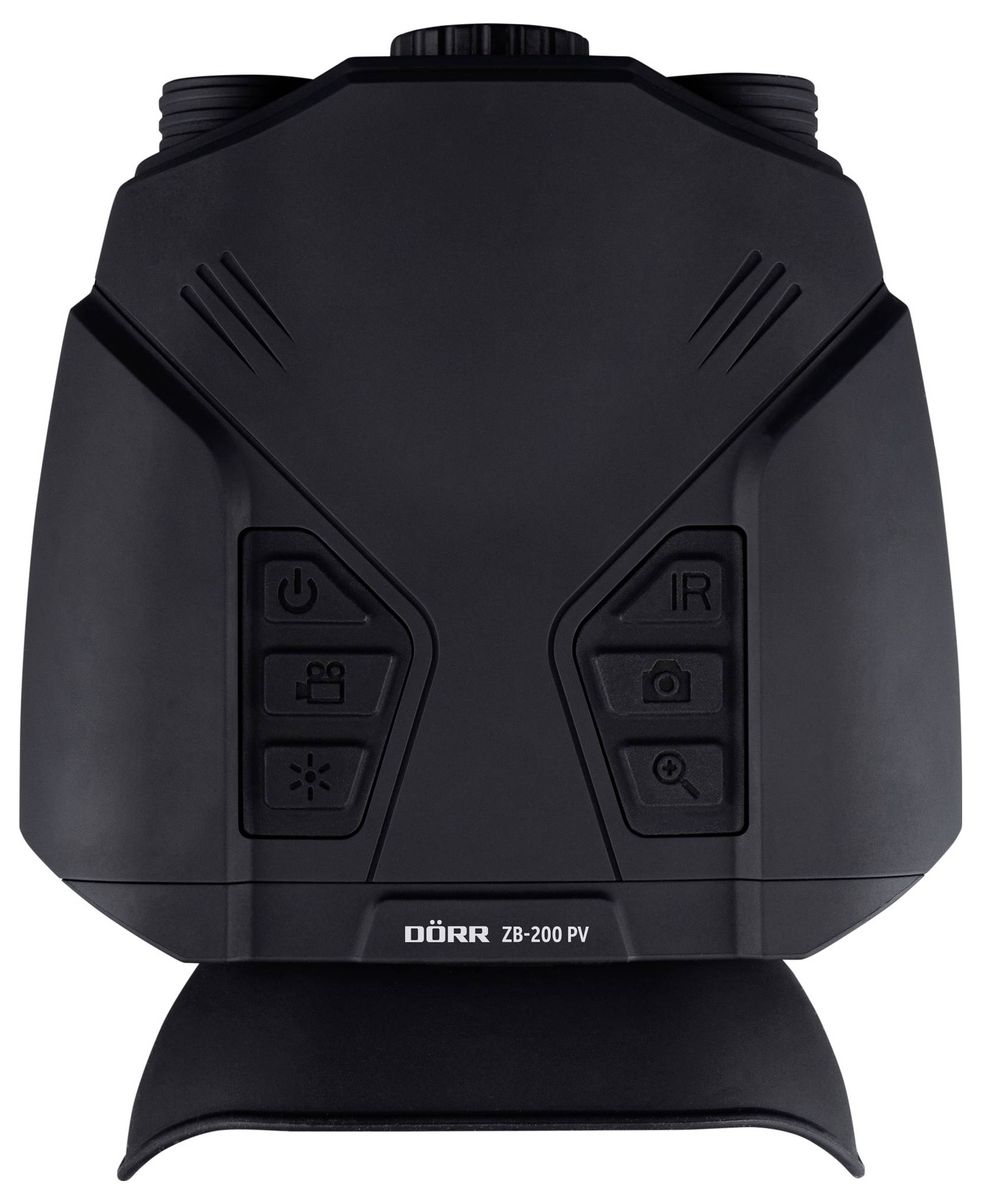 The image shows a black pair of binoculars with multiple symbol buttons on the front. Text 'Dörr ZB-200 PV' is displayed at the bottom.