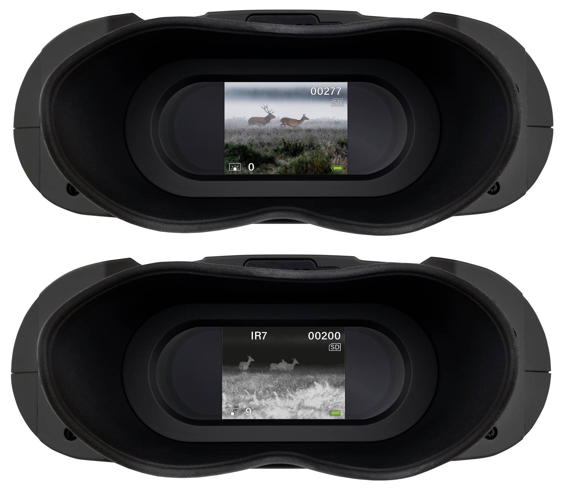 Top: Two deer on a field viewed through binoculars in daylight. Bottom: The same image in infrared mode.