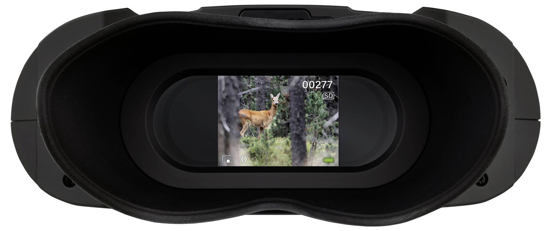 Digital binoculars show a deer in the forest on a screen, captured at 271 metres distance.