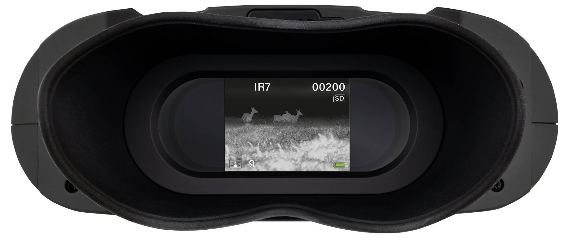 Thermal imaging through a night vision device. Two animals, possibly deer, are visible in an open landscape at night.