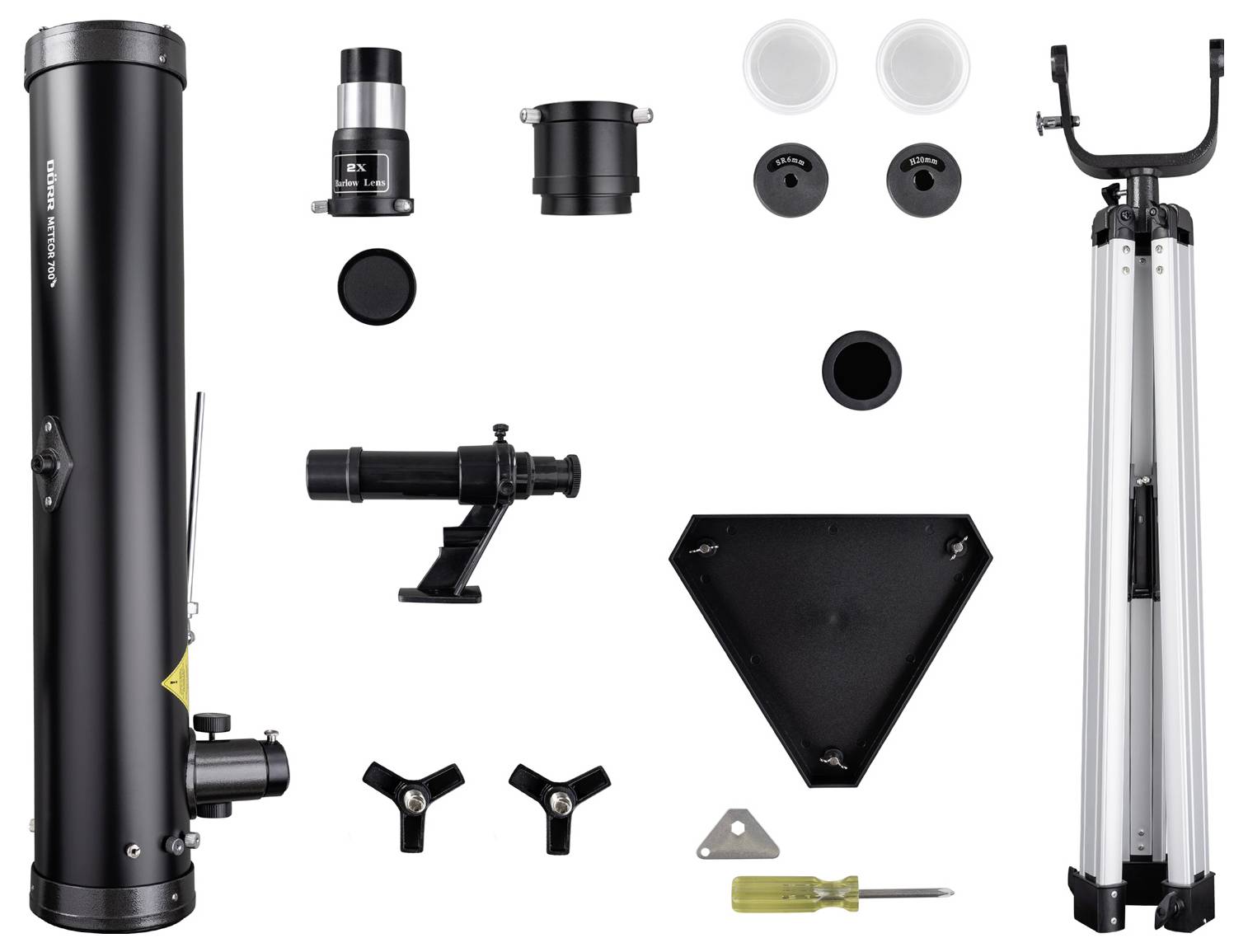 Telescope with accessories: Mounted tube, eyepieces, tripod, finder scope and mounting accessories.