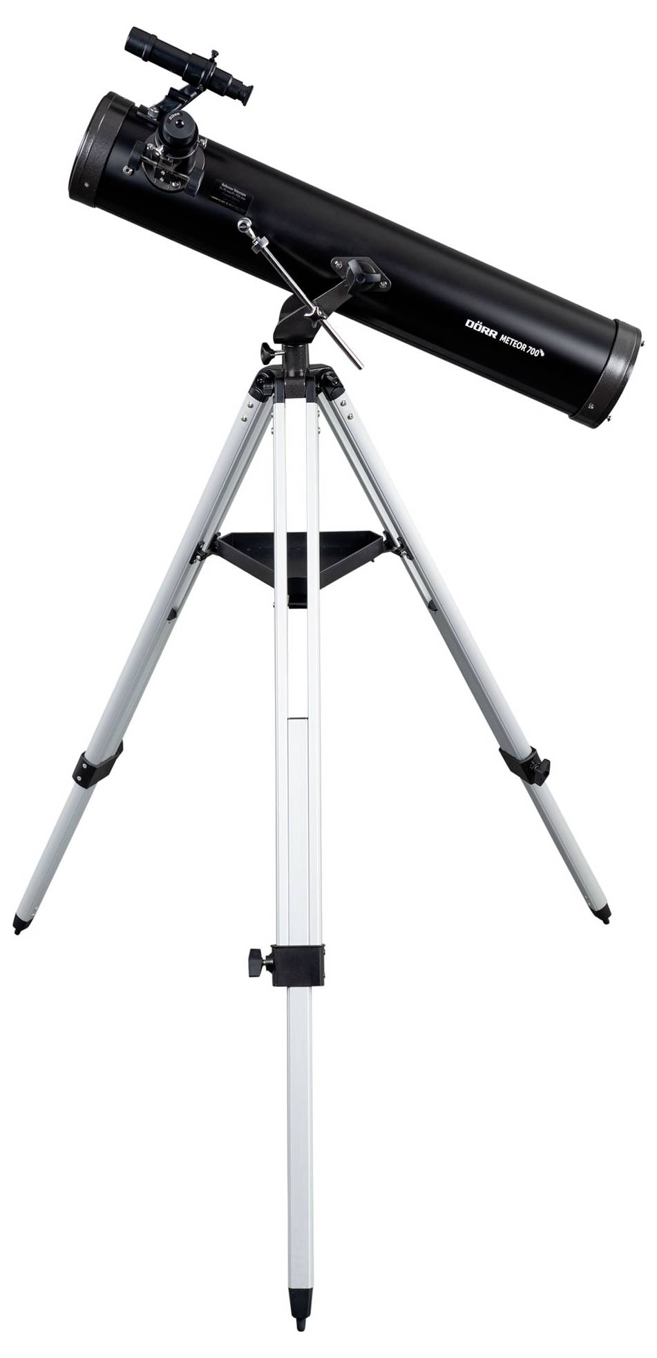 Black telescope on a white tripod, ready for use.