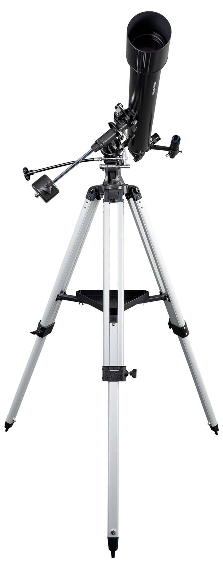 A black telescope mounted on a silver tripod. The telescope is suitable for astronomical observations and displays various control elements.