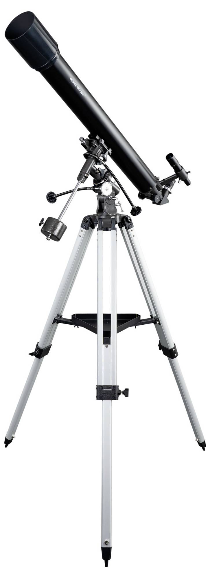 A black astronomical telescope on a silver tripod, set up for stargazing.