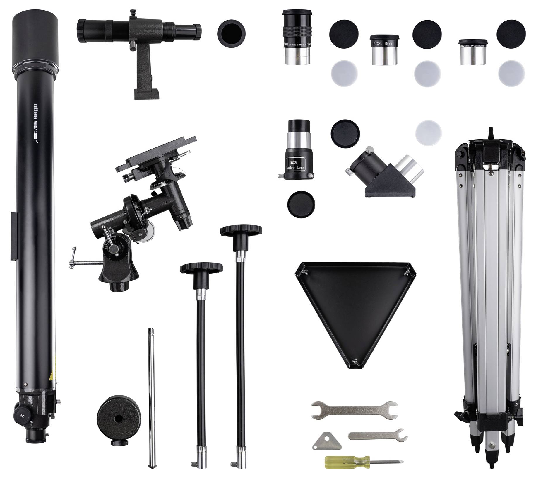 A telescope set shows a dismantled telescope with tripod, lenses and tools. Perfect for amateur astronomers to assemble.