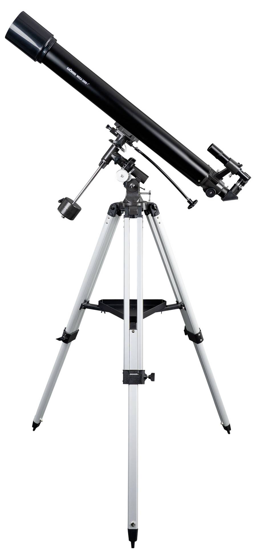 A black telescope on a white tripod, ready for sky observations.