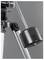 A telescope tripod with a large, black counterweight on a metal rod. The tripod is standing against a grey background.
