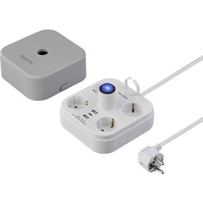 Multi-socket extension with switch, four plug sockets, two USB ports and a removable cover. Connects devices safely to power source.