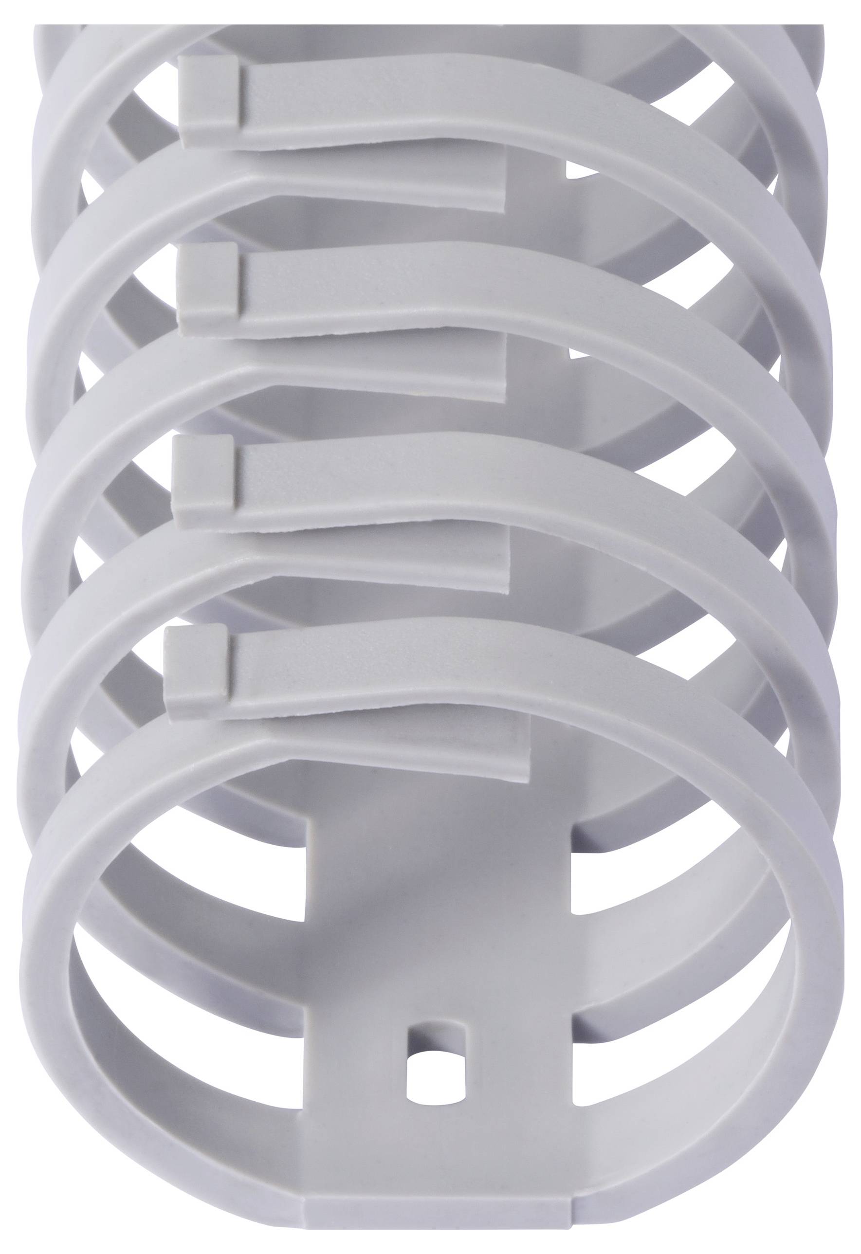 A series of interlocking grey plastic rings stacked vertically.