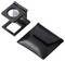 A black folding magnifier with a measurement scale next to a black leather carrying case.