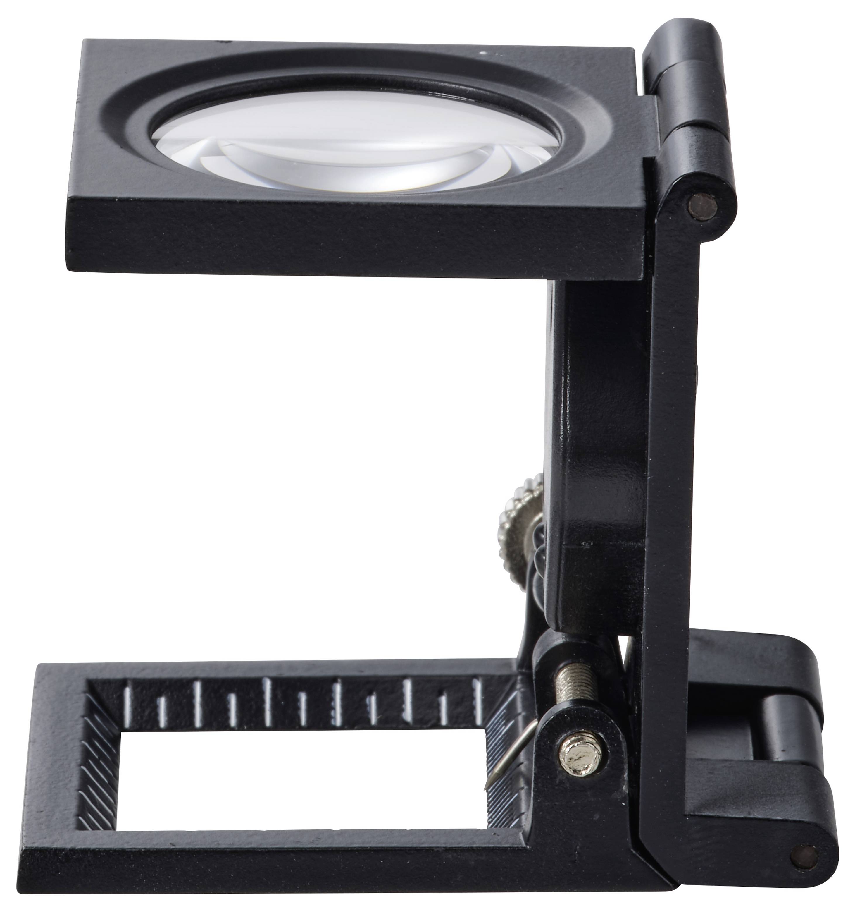 Black folding magnifying stand with a top lens and lower rectangular opening, shown on a plain white background.