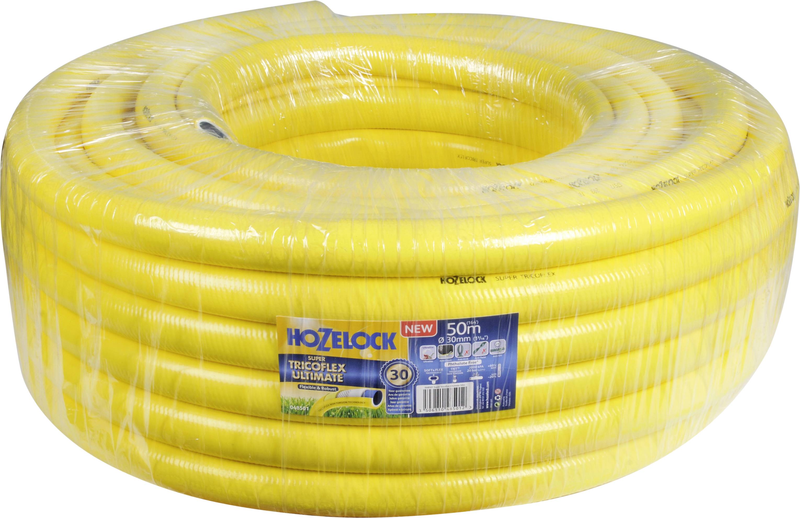 Yellow Hozelock garden hose, 50 m long, packaged in plastic film with a label displaying product details.