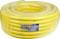 Yellow Hozelock garden hose, 50 m long, packaged in plastic film with a label displaying product details.