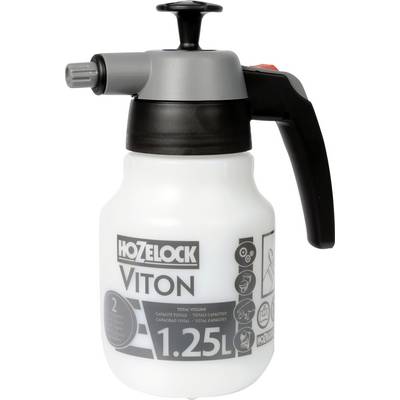A black and grey pressure sprayer with a capacity of 1.25 litres. 'Hozelock' brand name and 'Viton' model printed on the surface.