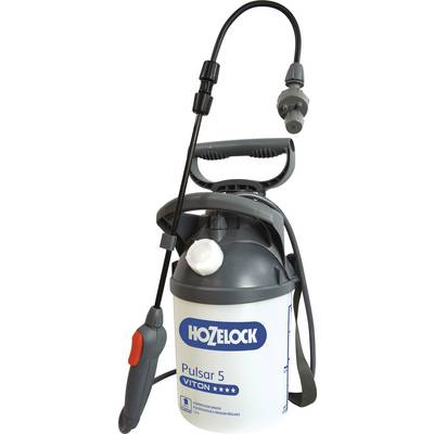A portable pressure sprayer with a long handle and black hose, suitable for gardening tasks. On the container it reads 'Hozelock Pulsar 5'.