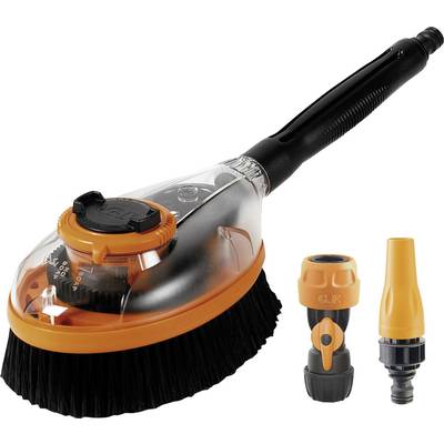Washing brush with handle, orange and black, with two interchangeable nozzle attachments, suitable for cleaning applications.