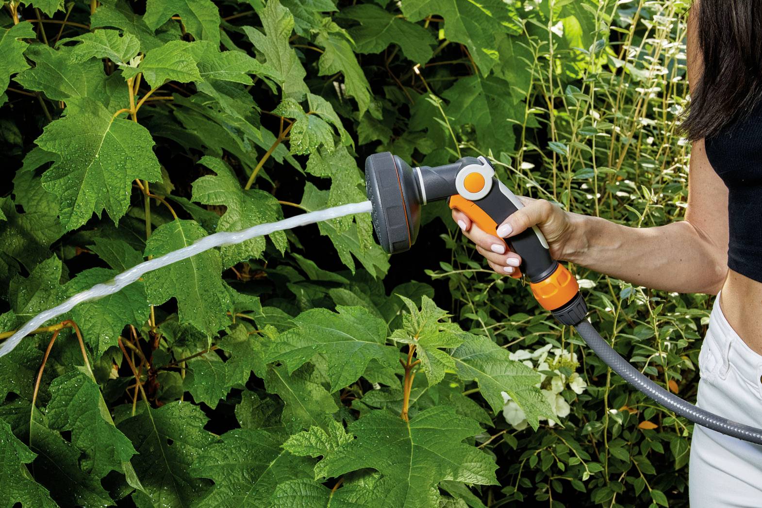 A person is watering plants with a garden hose, surrounded by lush greenery.