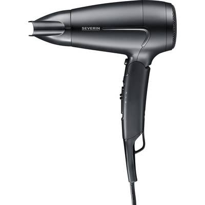 Black hairdryer with a rounded handle and multiple temperature settings. Brand name visible on the top surface.