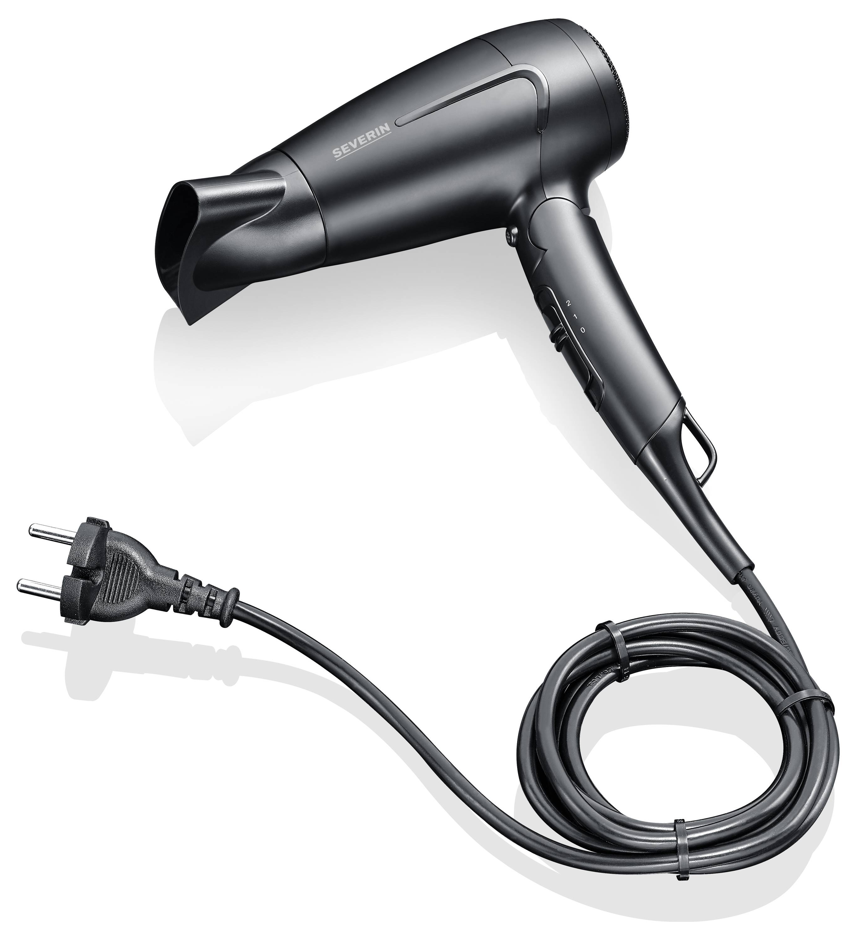 A black hairdryer with cable and plug on a white background, ready for use.<br><br>Note: This translation is already very close to British English. The phrasing and vocabulary are standard in British English, so minimal adjustments were needed.