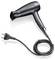 A black hairdryer with cable and plug on a white background, ready for use.<br><br>Note: This translation is already very close to British English. The phrasing and vocabulary are standard in British English, so minimal adjustments were needed.