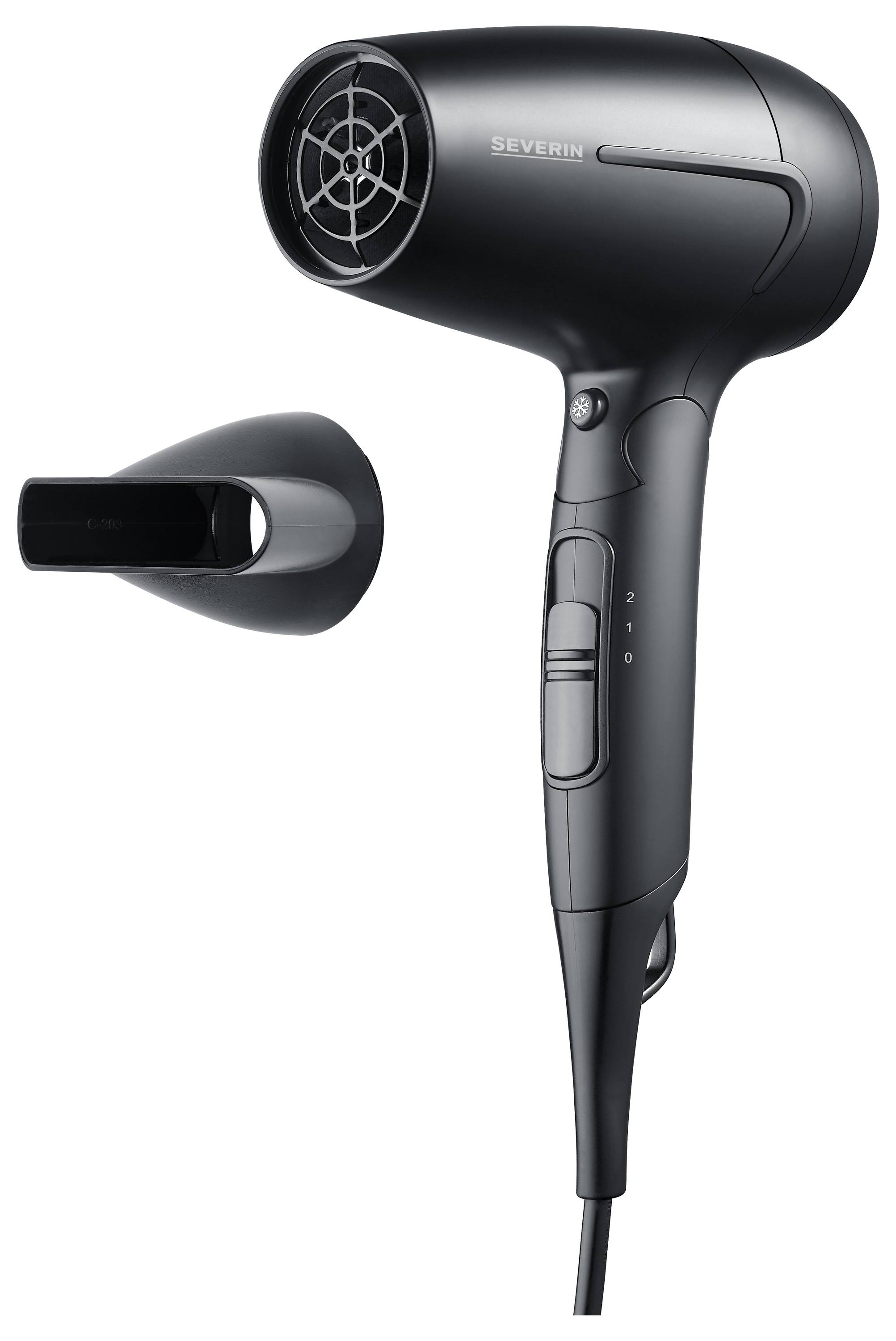 A black hair dryer with a removable nozzle, two speed settings and a cool shot button. Suitable for home use.