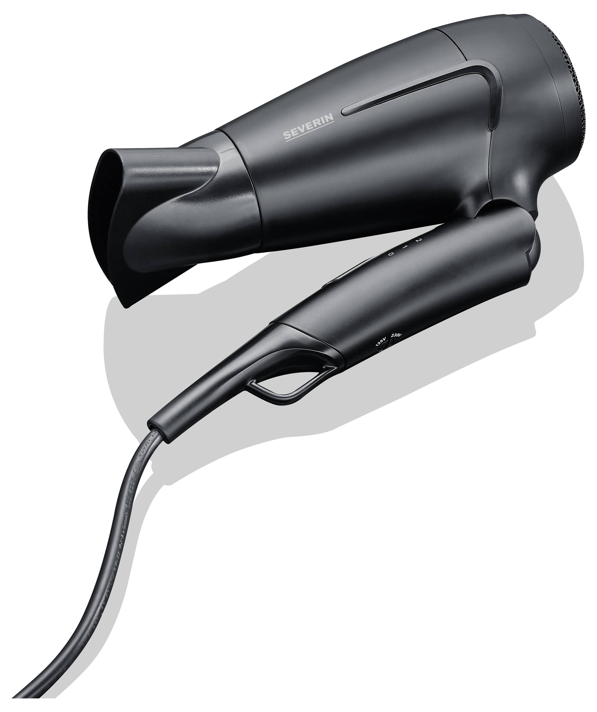 A black Severin hairdryer with a removable nozzle attachment and ergonomic handle, viewed from above on a white background.