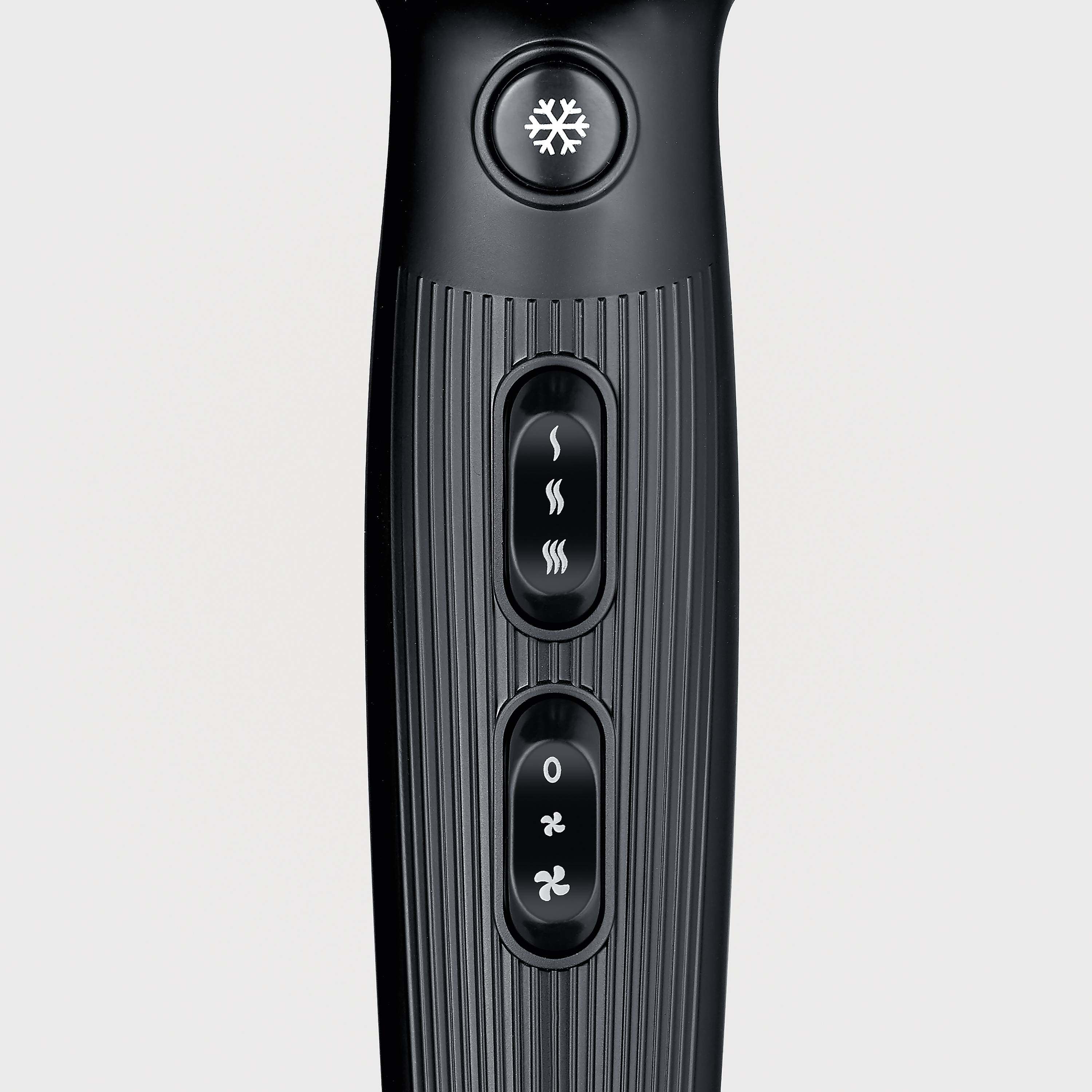 A black control panel of a device with three buttons: a snowflake, steam waves, and a fan symbol. Grey background.