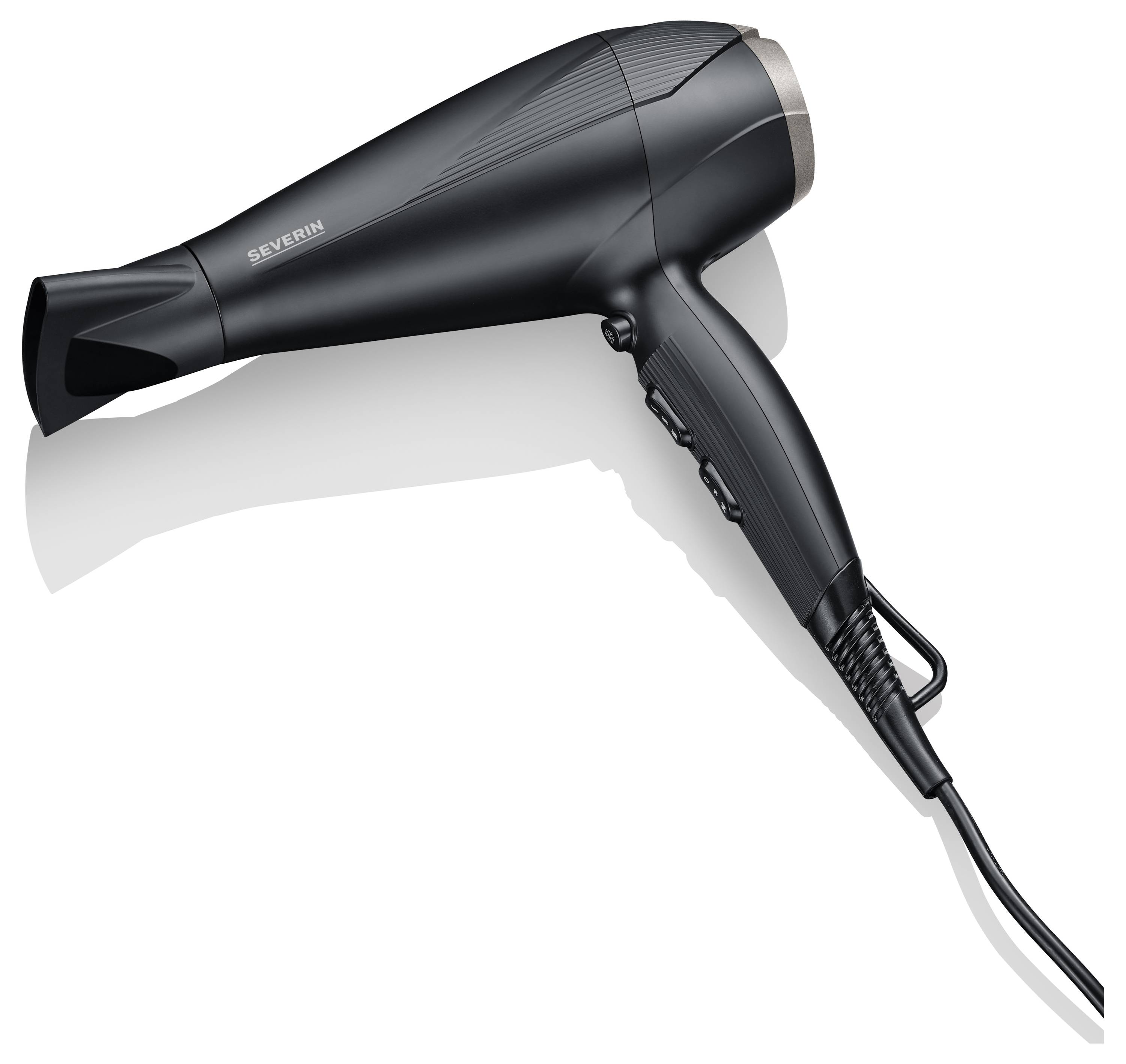 A black hairdryer with multiple settings on the handle, lying down with a view of the air outlet nozzle.