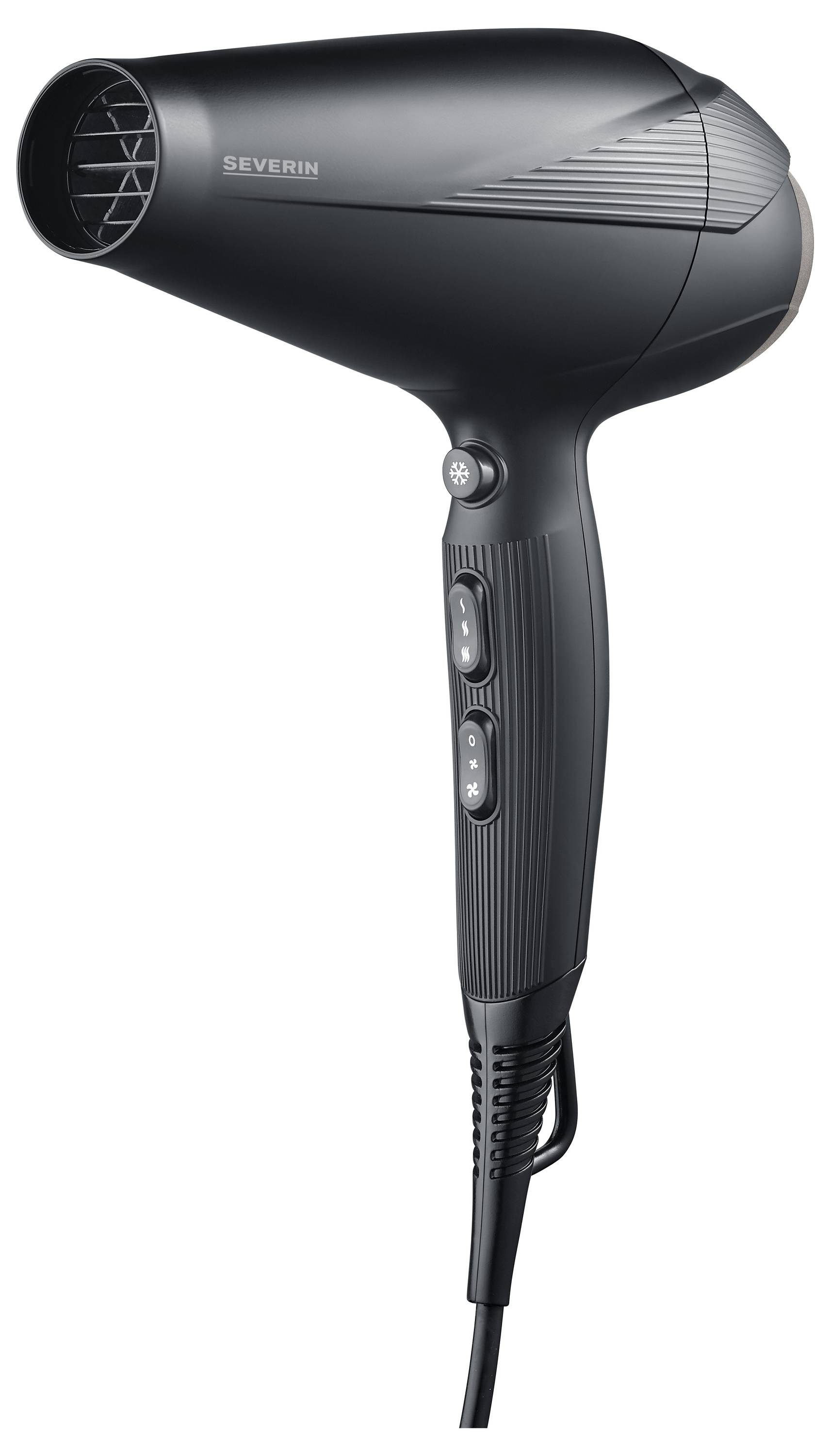 A black hairdryer with multiple control buttons on the handle, designed for household use.