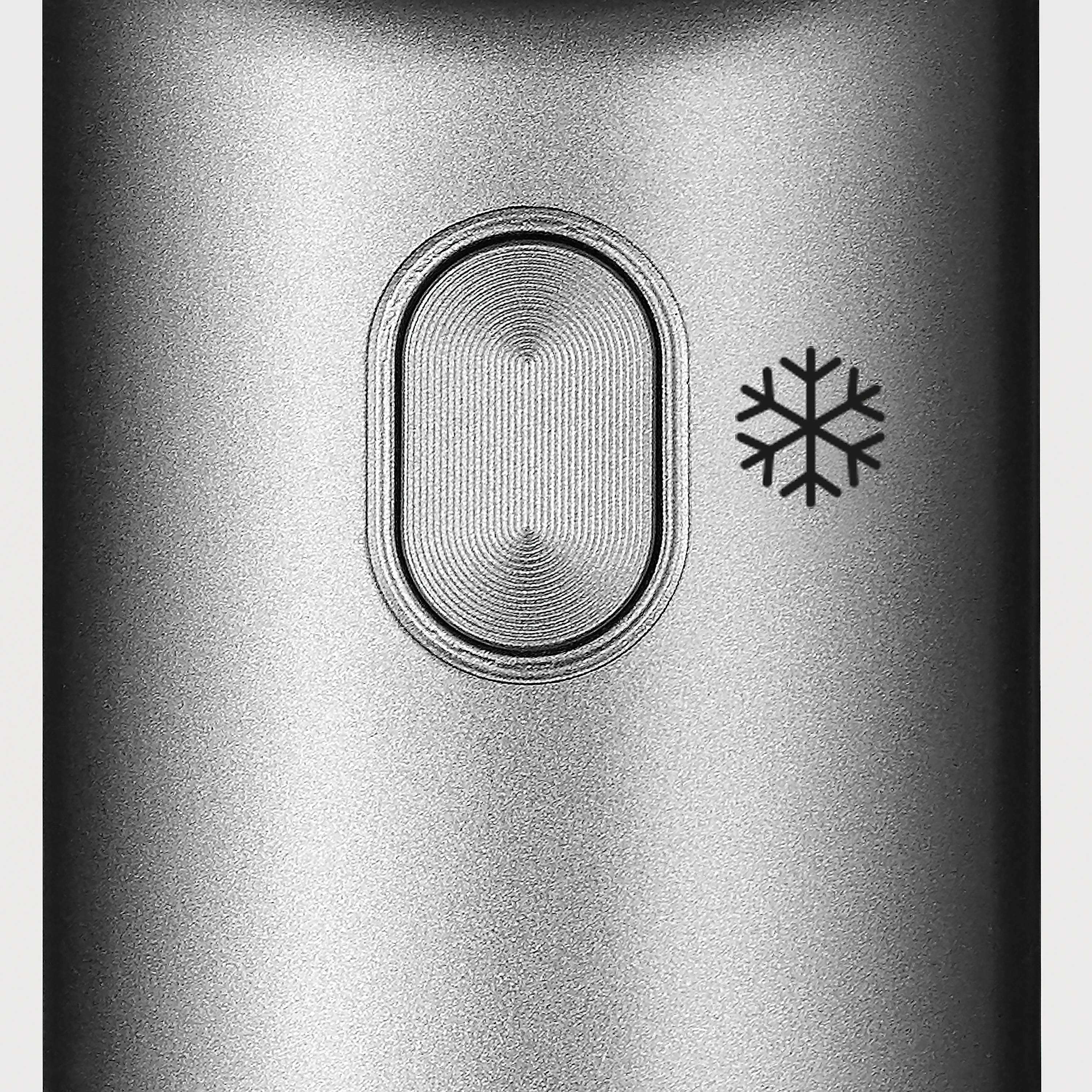 Grey button with an ice crystal symbol on a metallic surface, possibly a device with a cooling function.