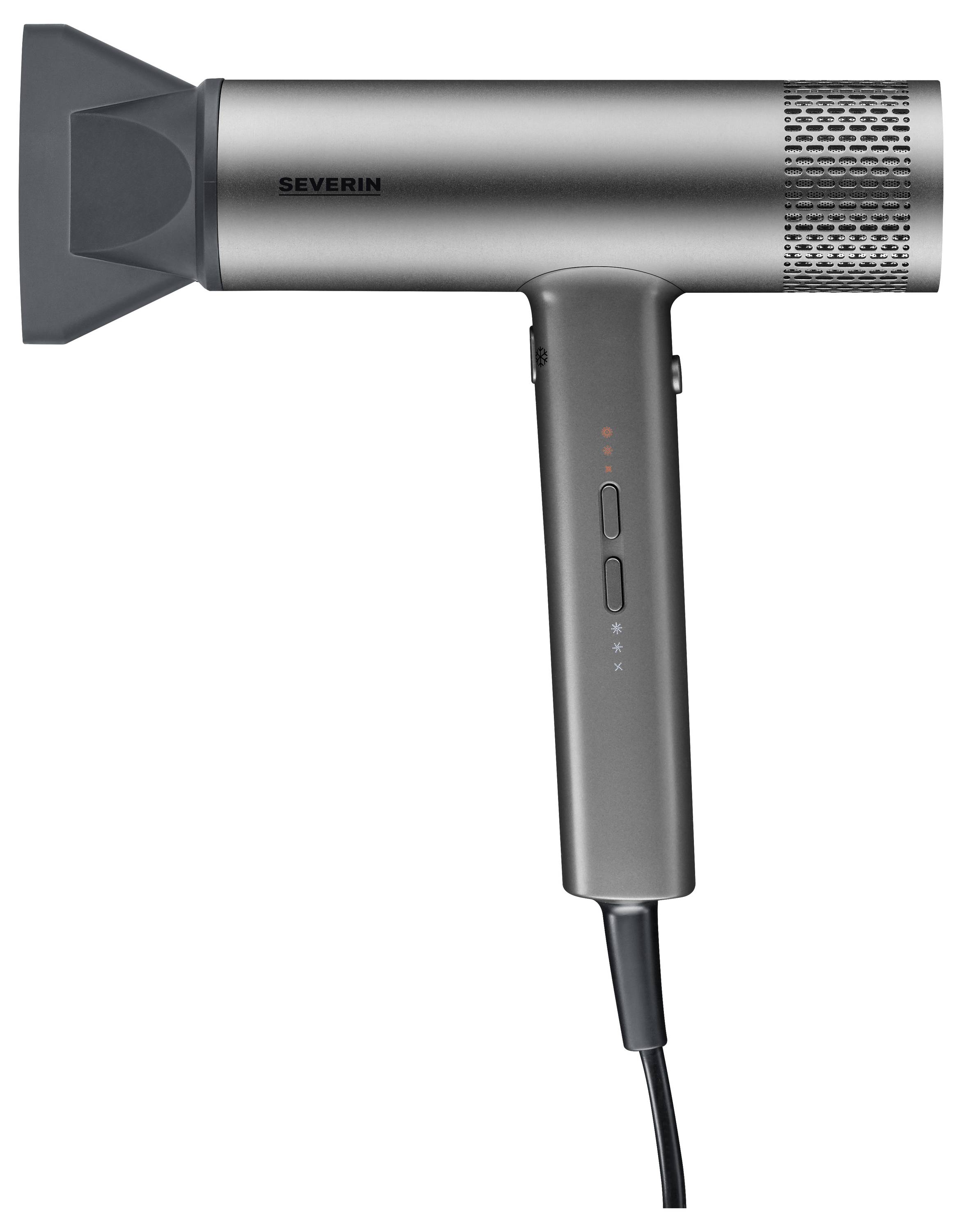 Hair dryer with a grey, matte finish and fashionable design. It features various temperature settings and a cable connection.