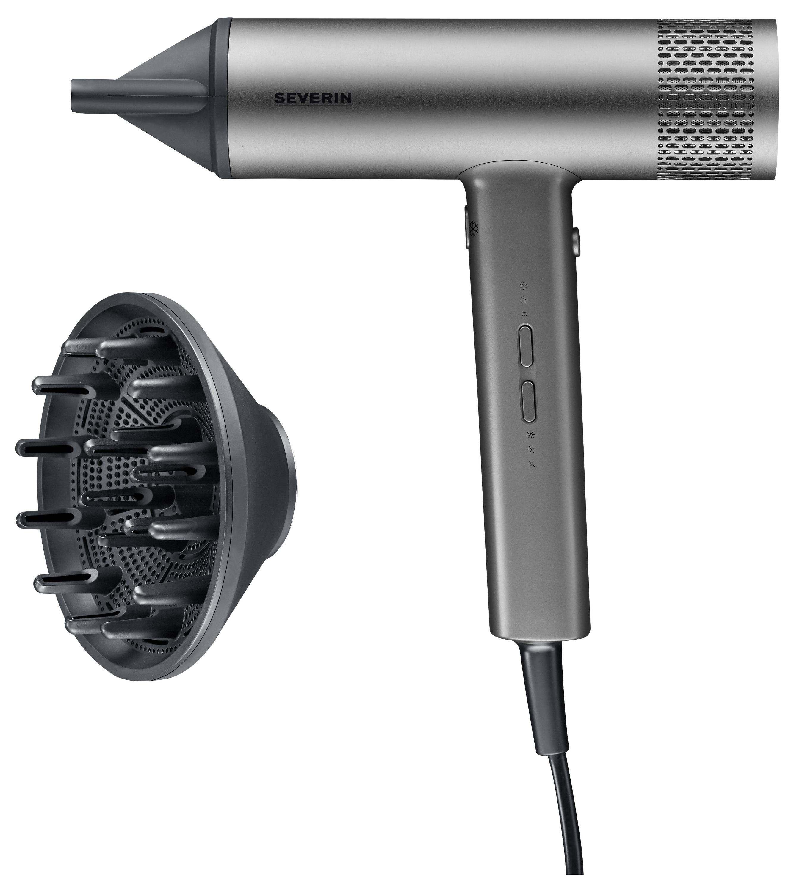 A grey hairdryer with a long handle and interchangeable diffuser attachment, suitable for drying and styling hair.