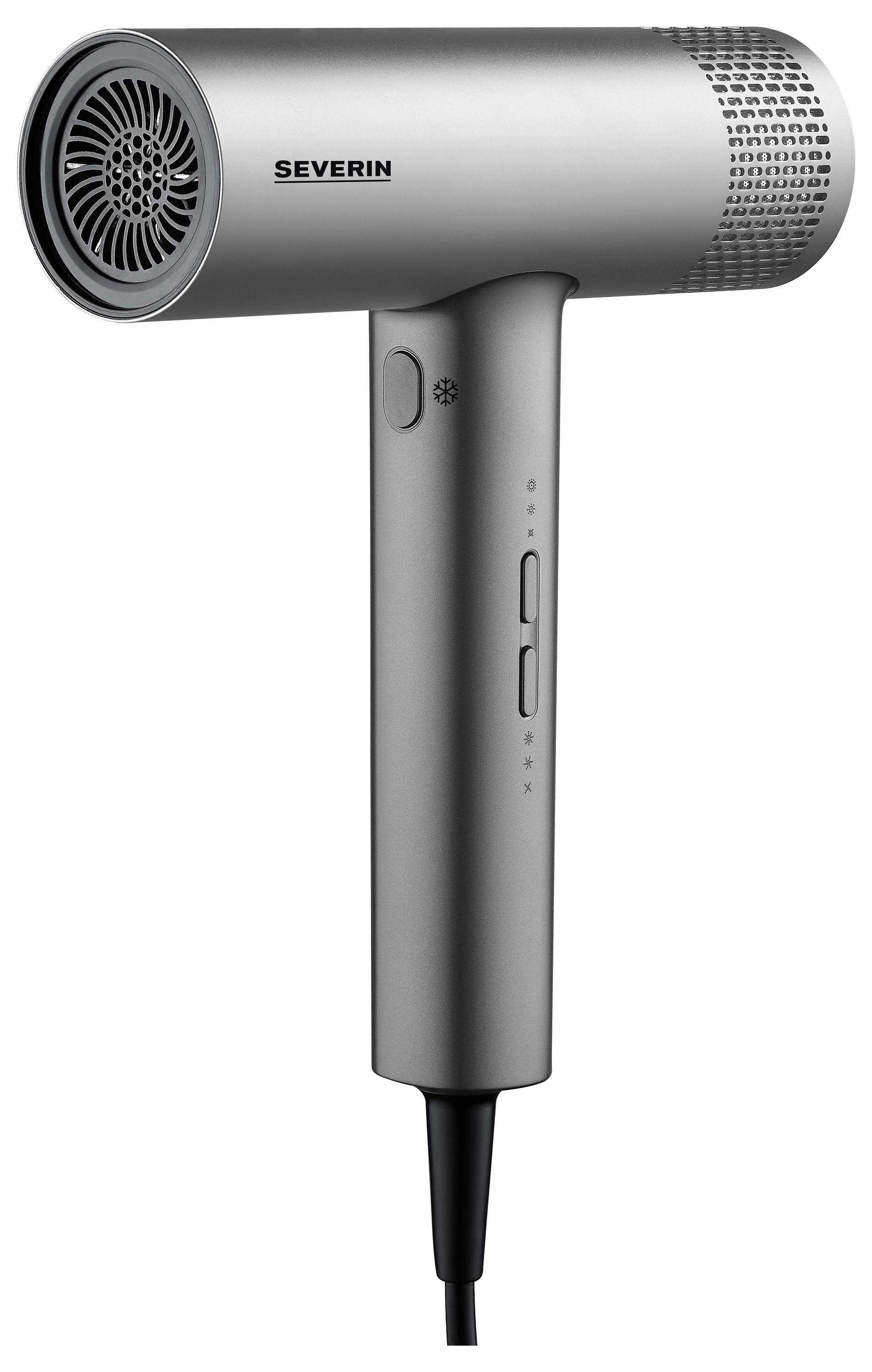 A silver Severin hairdryer with a smooth handle and black cable.